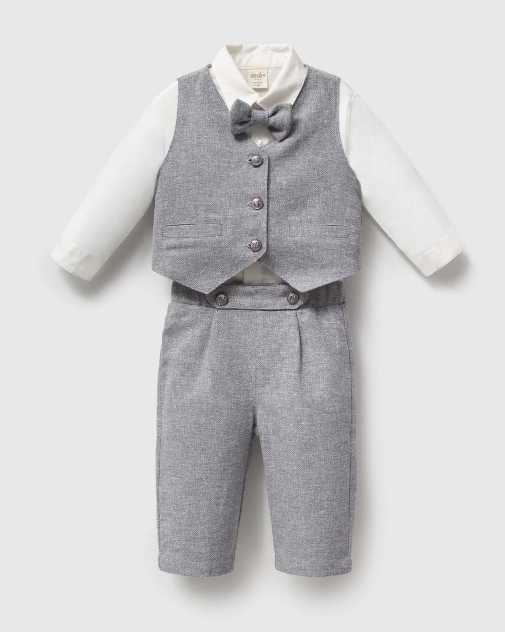 Grey baby boy waistcoat suit with white shirt and bow tie, front view