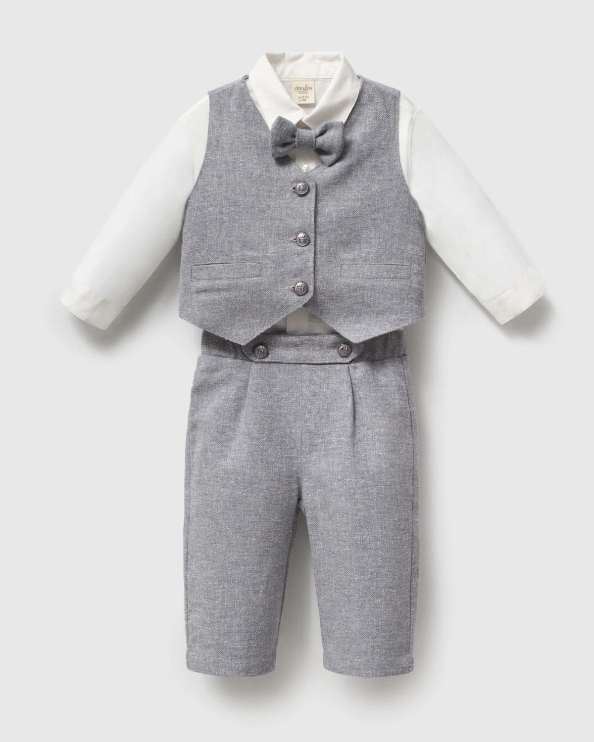 Grey baby boy waistcoat suit with white shirt and bow tie, front view