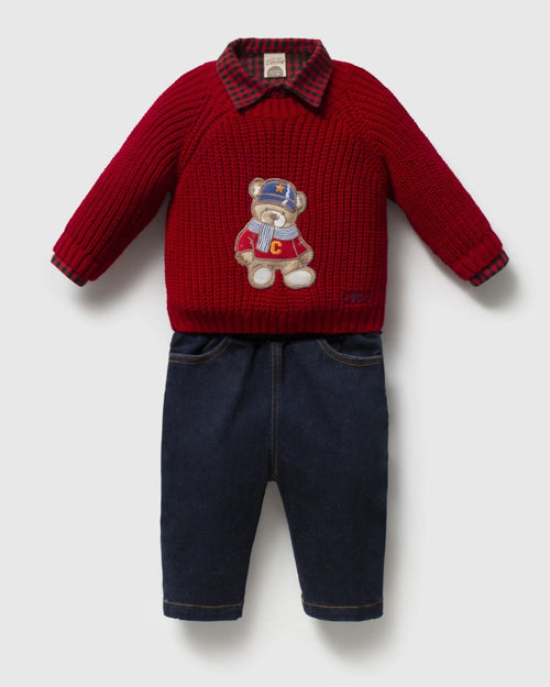 Baby boy red teddy jumper with tartan collar shirt and dark jeans, front view