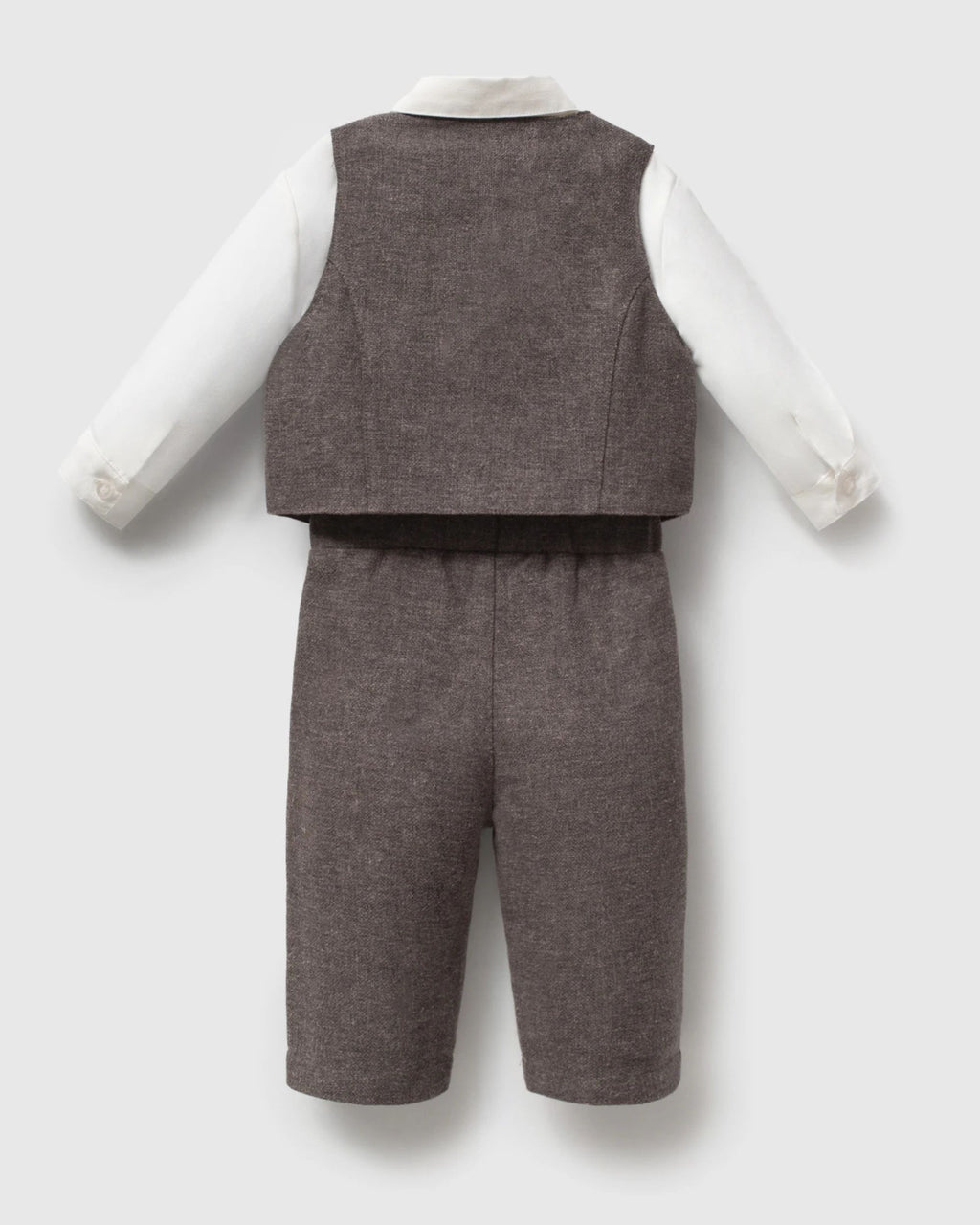 Back view of baby boy brown waistcoat and trousers with white shirt