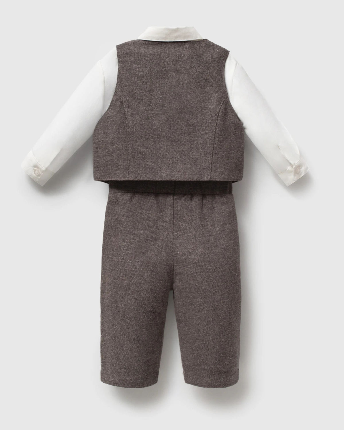 Back view of baby boy brown waistcoat and trousers with white shirt