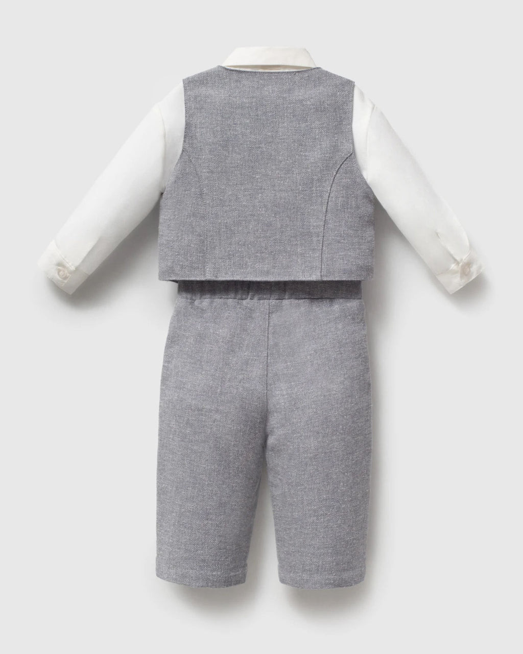 Back view of baby boy grey waistcoat and trousers with white shirt