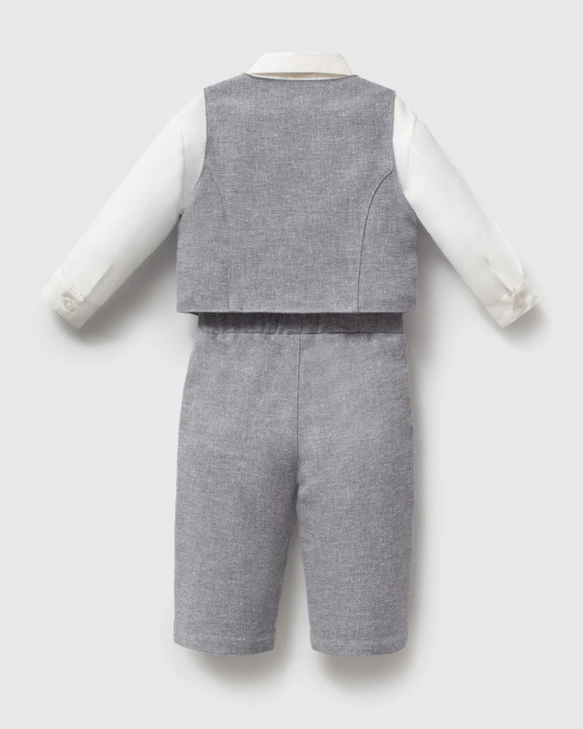 Back view of baby boy grey waistcoat and trousers with white shirt