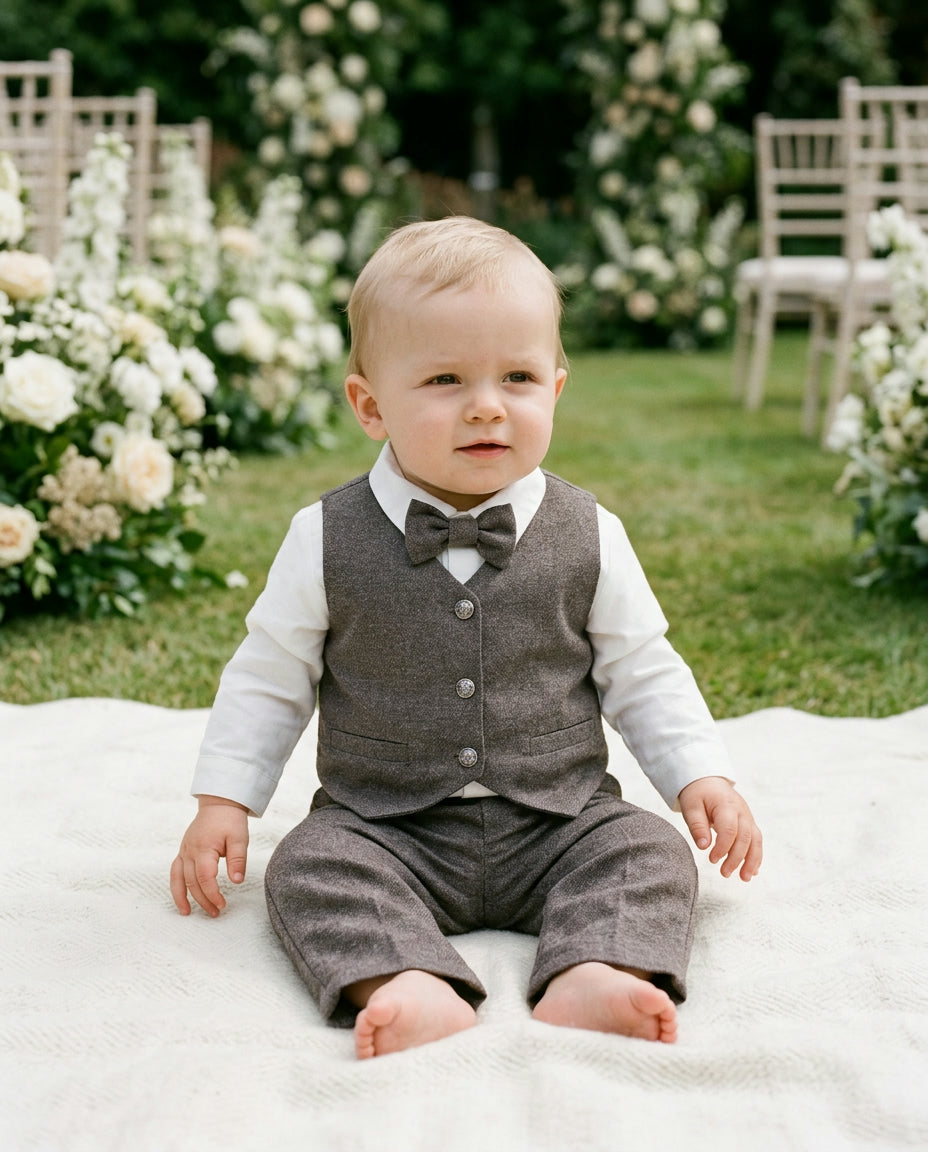Brown baby boy waistcoat suit with white shirt and bow tie, front view