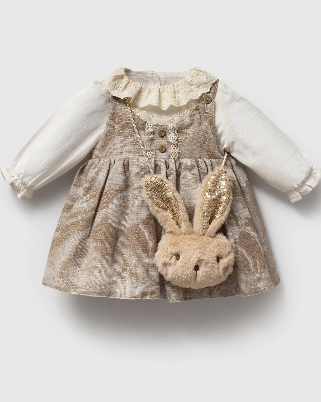 Baby girl taupe jacquard pinafore dress with ivory lace-collar blouse and bunny bag, front view