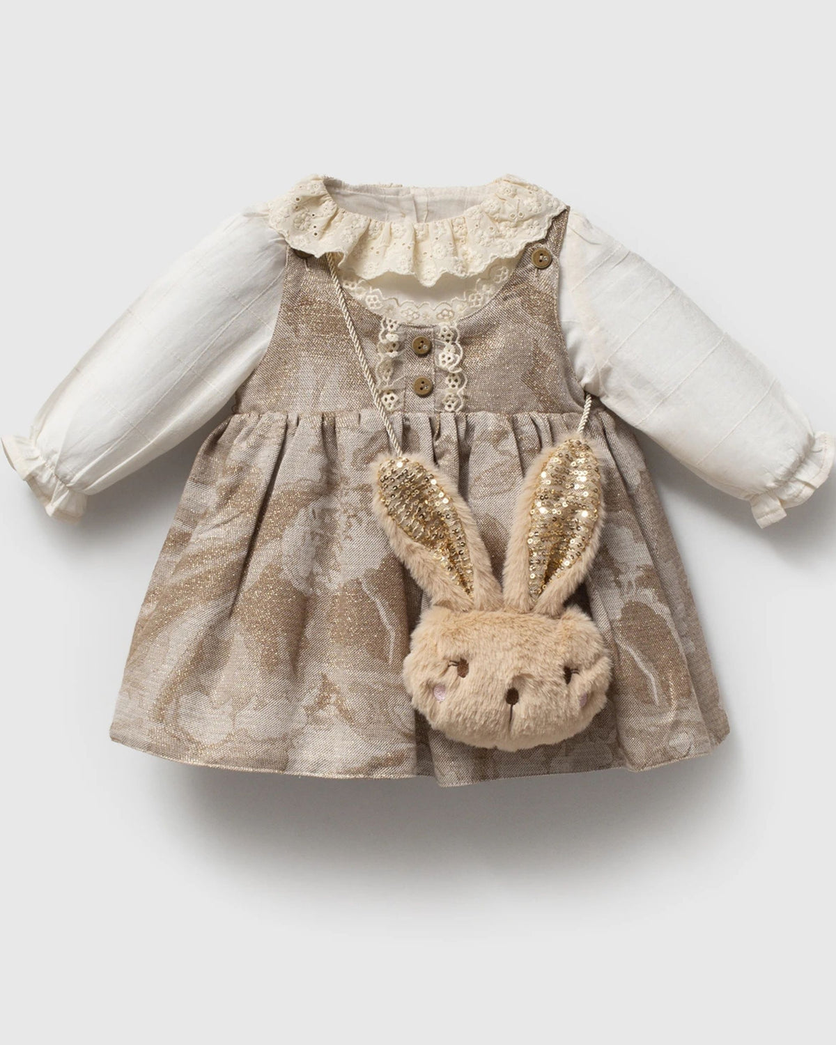 Baby girl taupe jacquard pinafore dress with ivory lace-collar blouse and bunny bag, front view