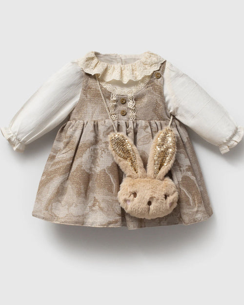 Baby girl taupe jacquard pinafore dress with ivory lace-collar blouse and bunny bag, front view