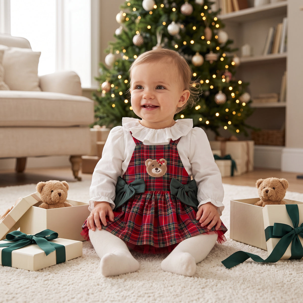 Baby girl tartan pinafore romper with teddy appliqué and green bows over ivory blouse, front view