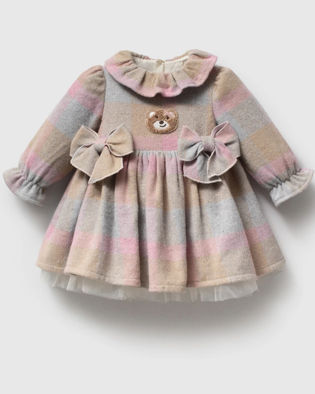Baby girl pastel check romper dress with teddy appliqué and two bows, front view