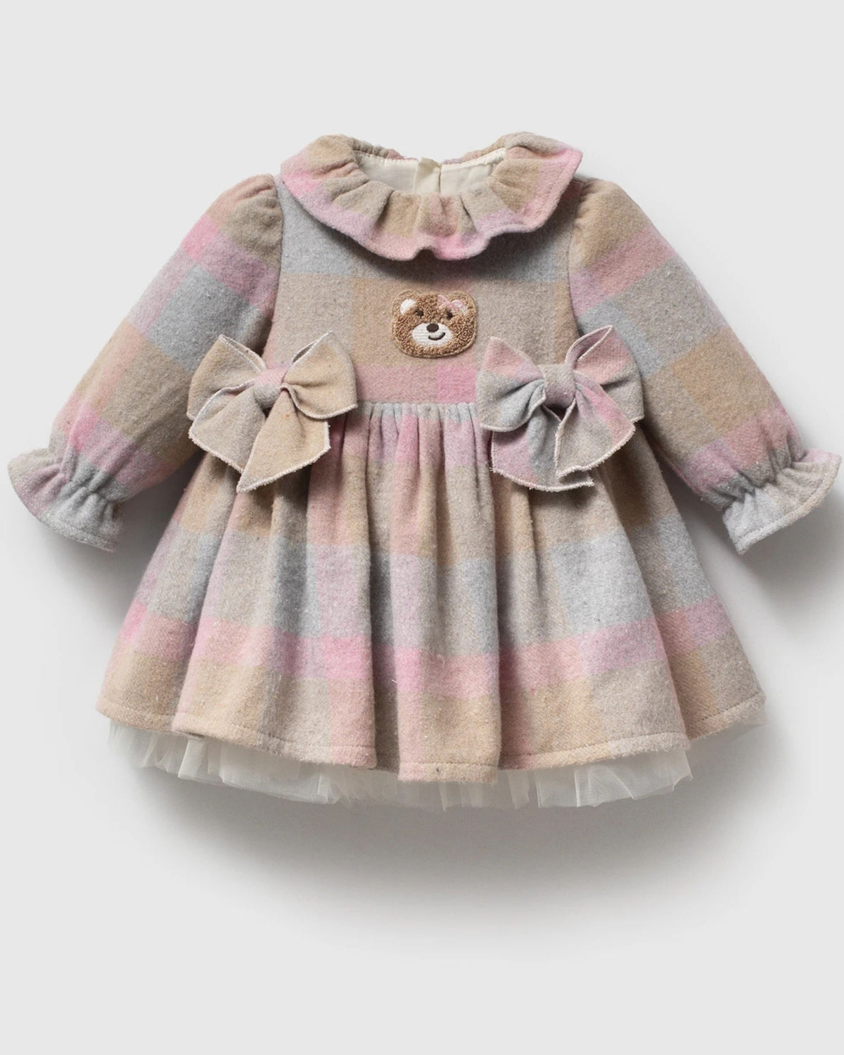 Baby girl pastel check romper dress with teddy appliqué and two bows, front view