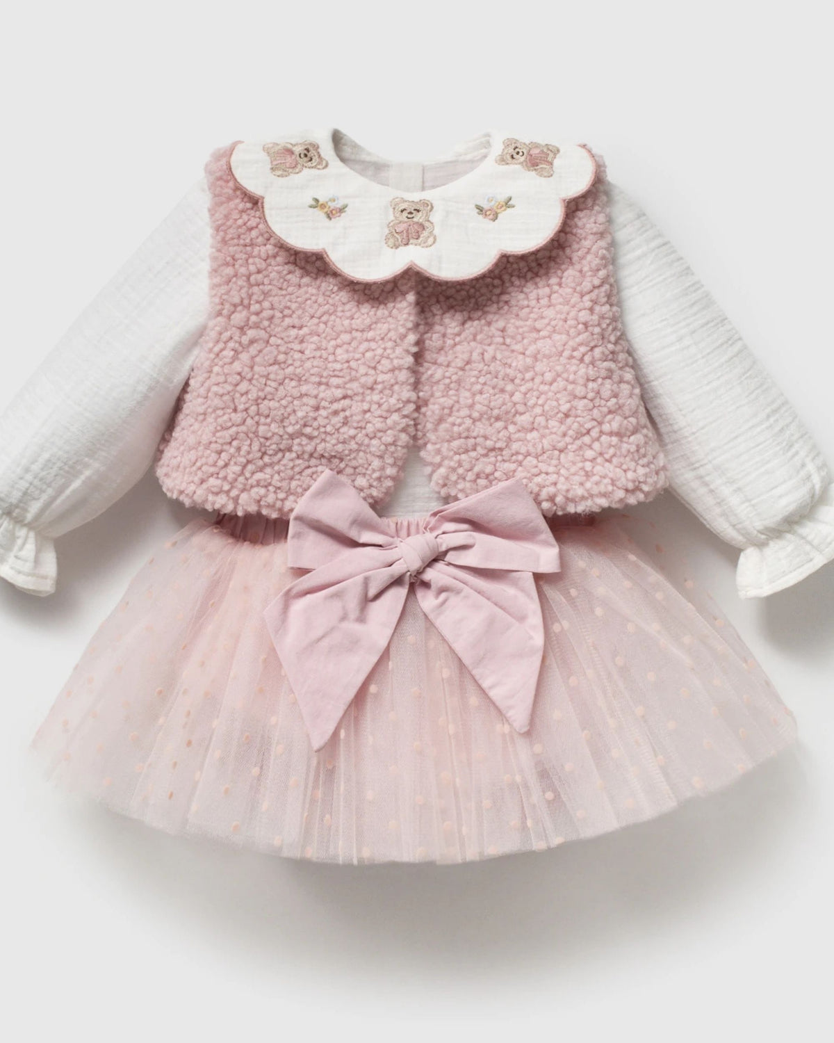 Baby girl pink tulle skirt set with sherpa gilet and teddy collar blouse, front view