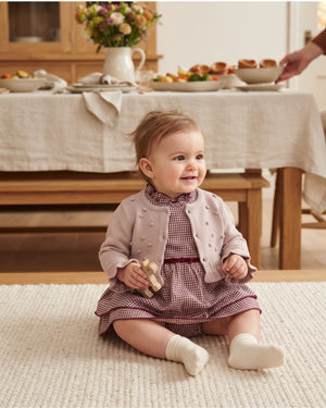 Baby Girl Gingham Romper Dress & Bobble Cardigan Set