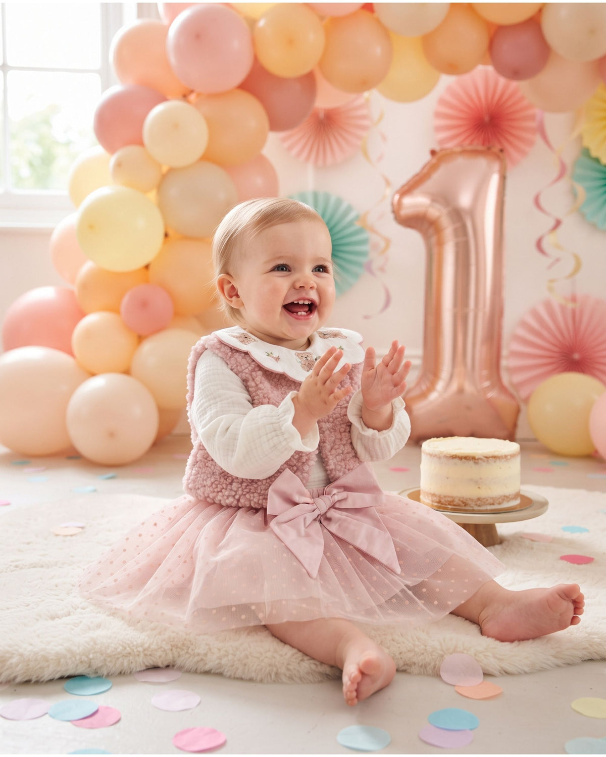 Baby Girl Teddy Collar Blouse, Sherpa Gilet & Tulle Skirt Set