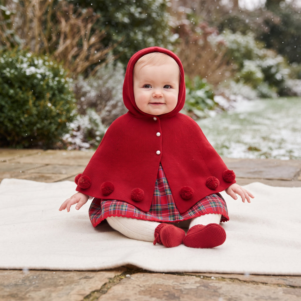 Baby Girl Knitted Hooded Cape & Tartan Dress Set