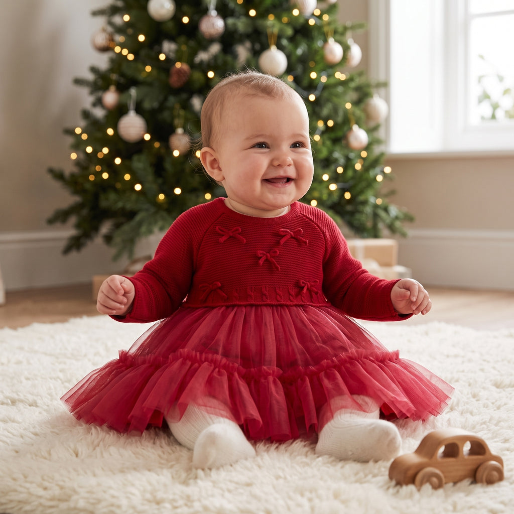 Baby girl wearing a red knit and tulle dress at a Christmas party
