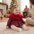 Baby girl red tartan romper dress with layered red tulle cape collar, front view