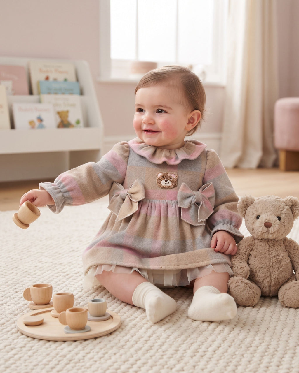 Baby girl wearing a pastel check teddy romper dress, sitting on a soft rug