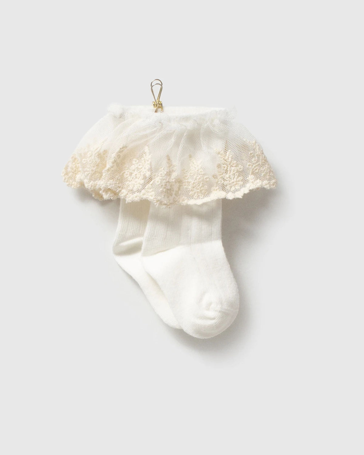 Cream baby ankle socks with wide lace frill, front view
