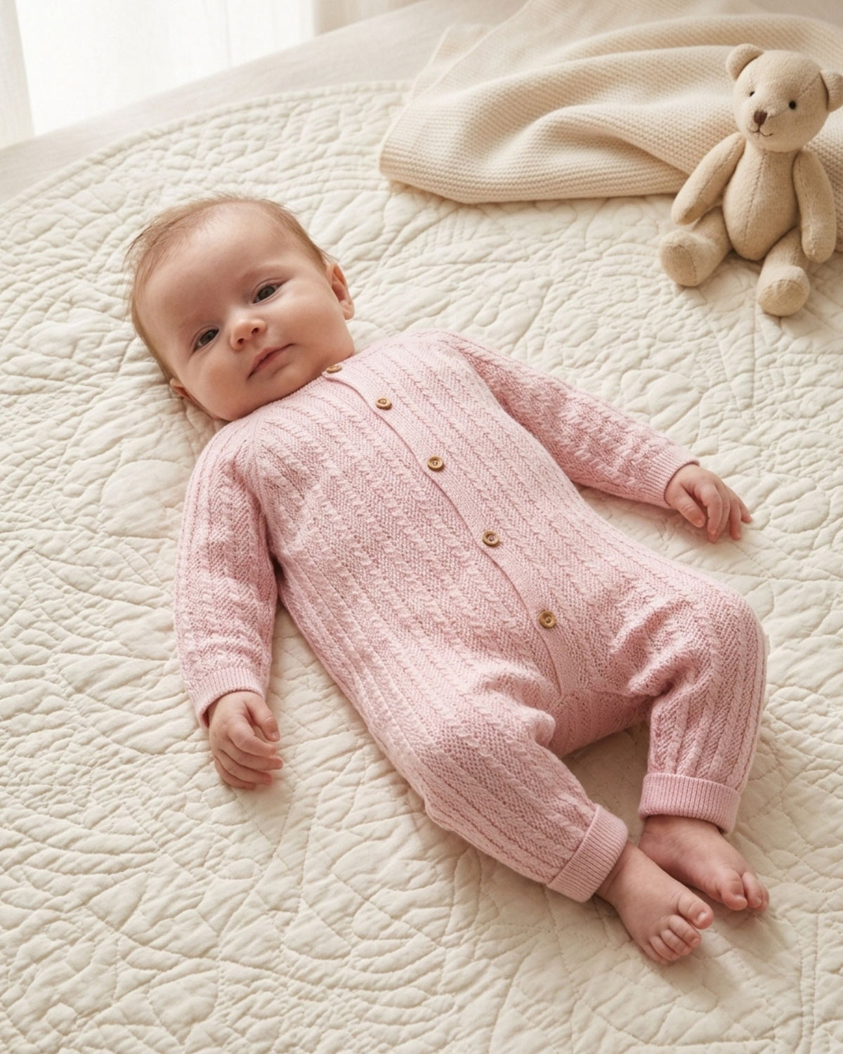 Ribbed cuff on the sleeve of a pink knitted baby romper