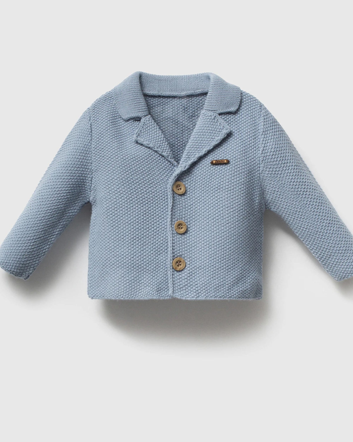 Blue knitted baby boy blazer with lapels and buttons