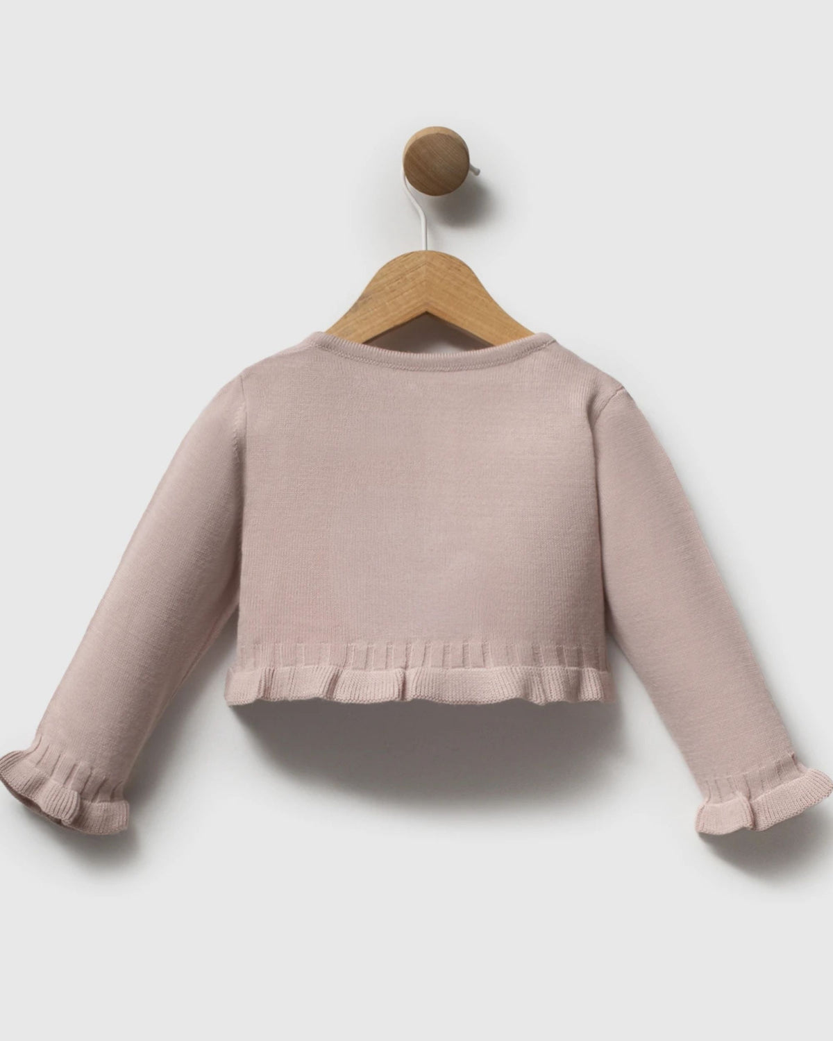 Dusty pink bobble knit baby cardigan with frilled hem and cuffs