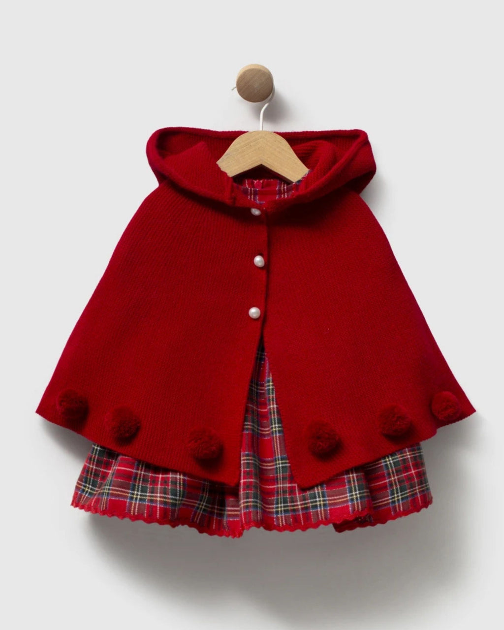 Baby Girl Knitted Hooded Cape & Tartan Dress Set