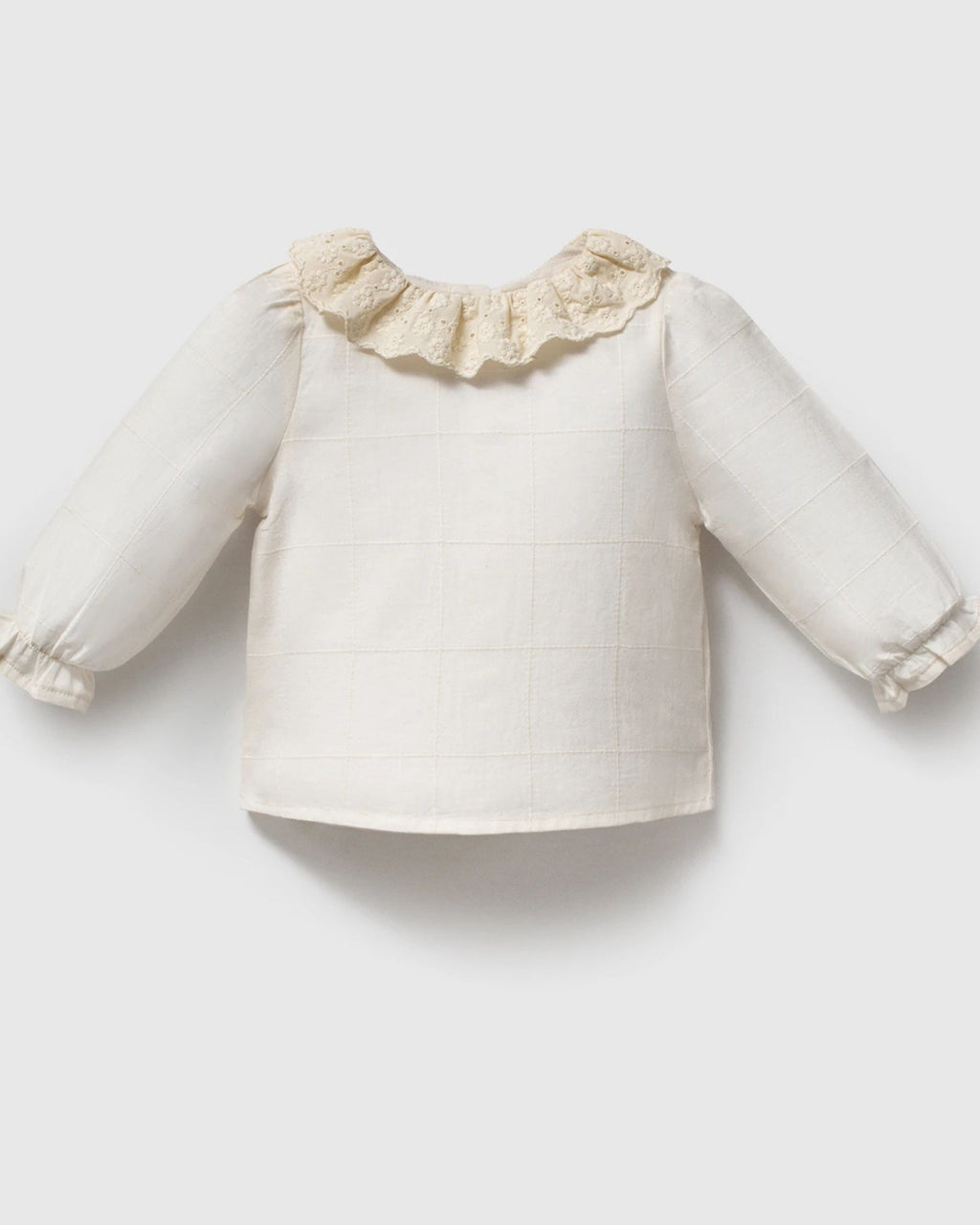 Ivory cotton baby blouse with ruffled lace collar and frilled cuffs
