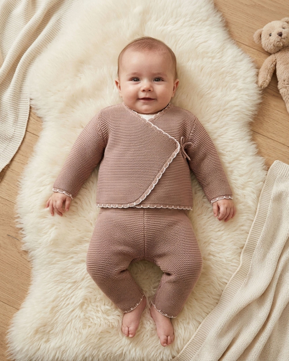 A baby lying on a white faux fur rug wearing a matching ribbed knit two-piece outfit in a dusty mauve-brown color with light pink lace trim. A teddy bear and cream blankets are visible in the background.