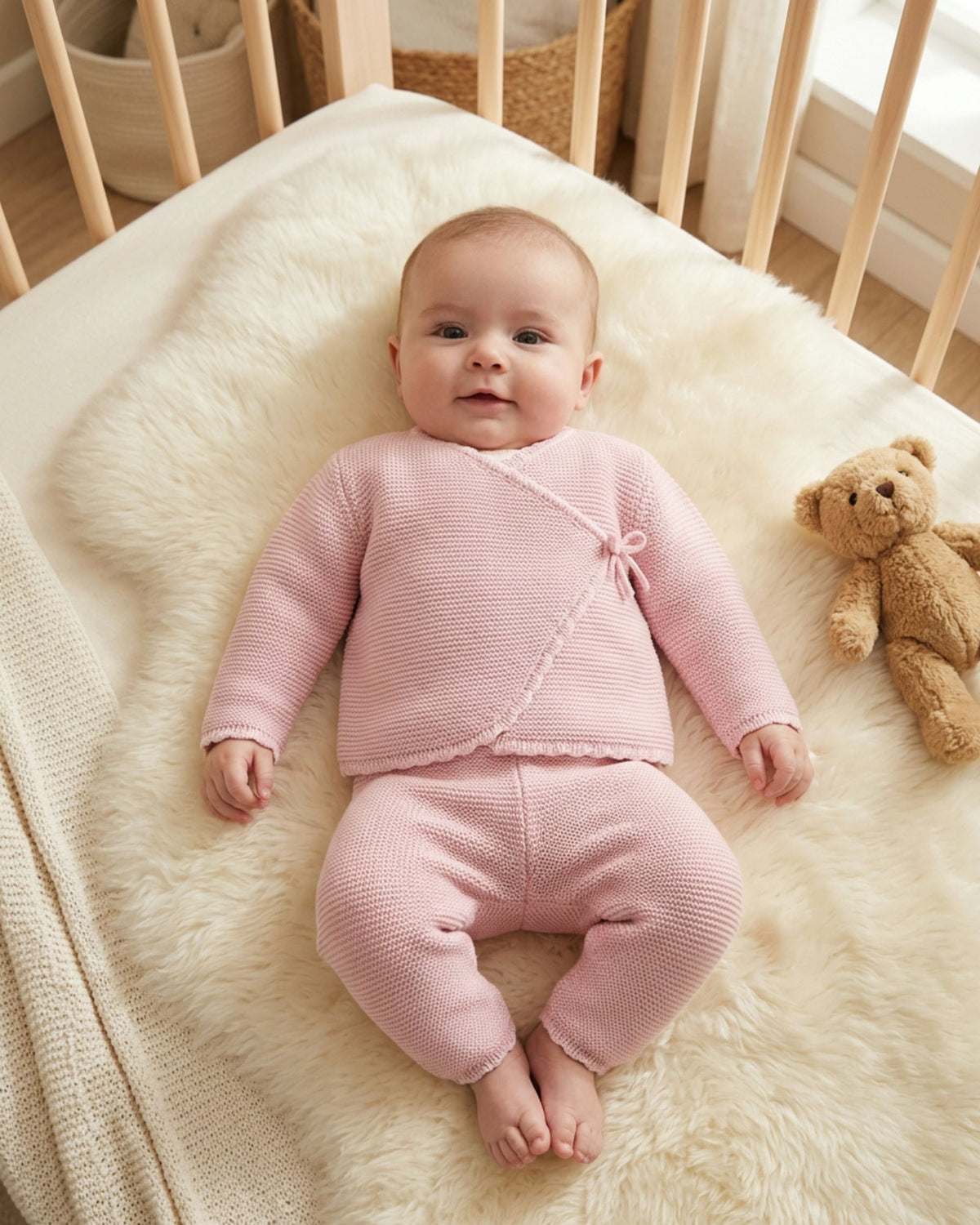 A baby wearing a light pink ribbed knit two-piece outfit lies on a cream faux-fur blanket inside a wooden crib, with a teddy bear beside them.