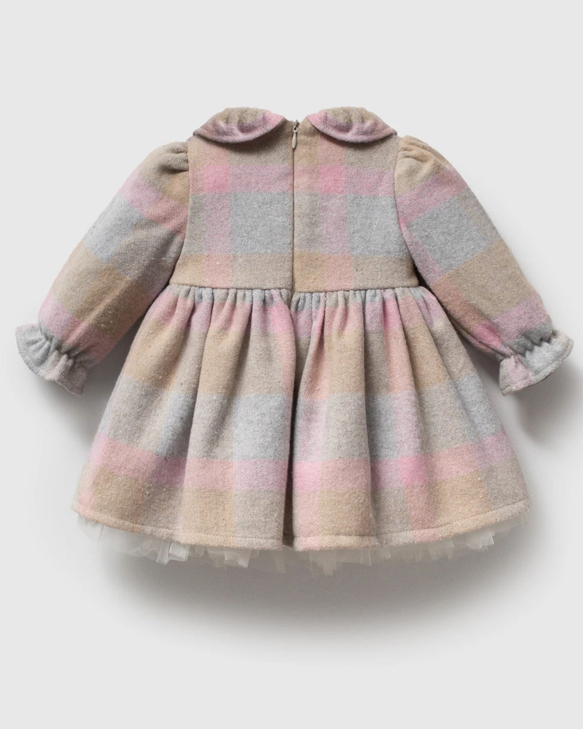 Back view of pink and grey check baby romper dress