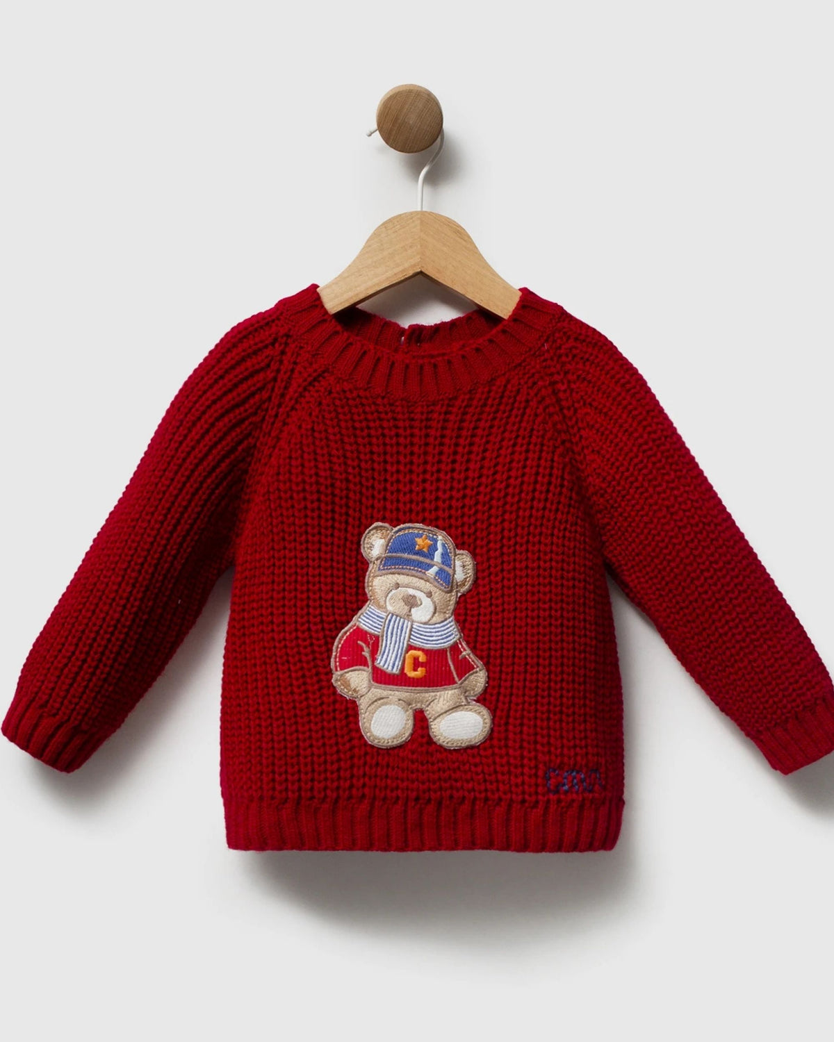 Red chunky knit baby boy jumper with teddy bear appliqué