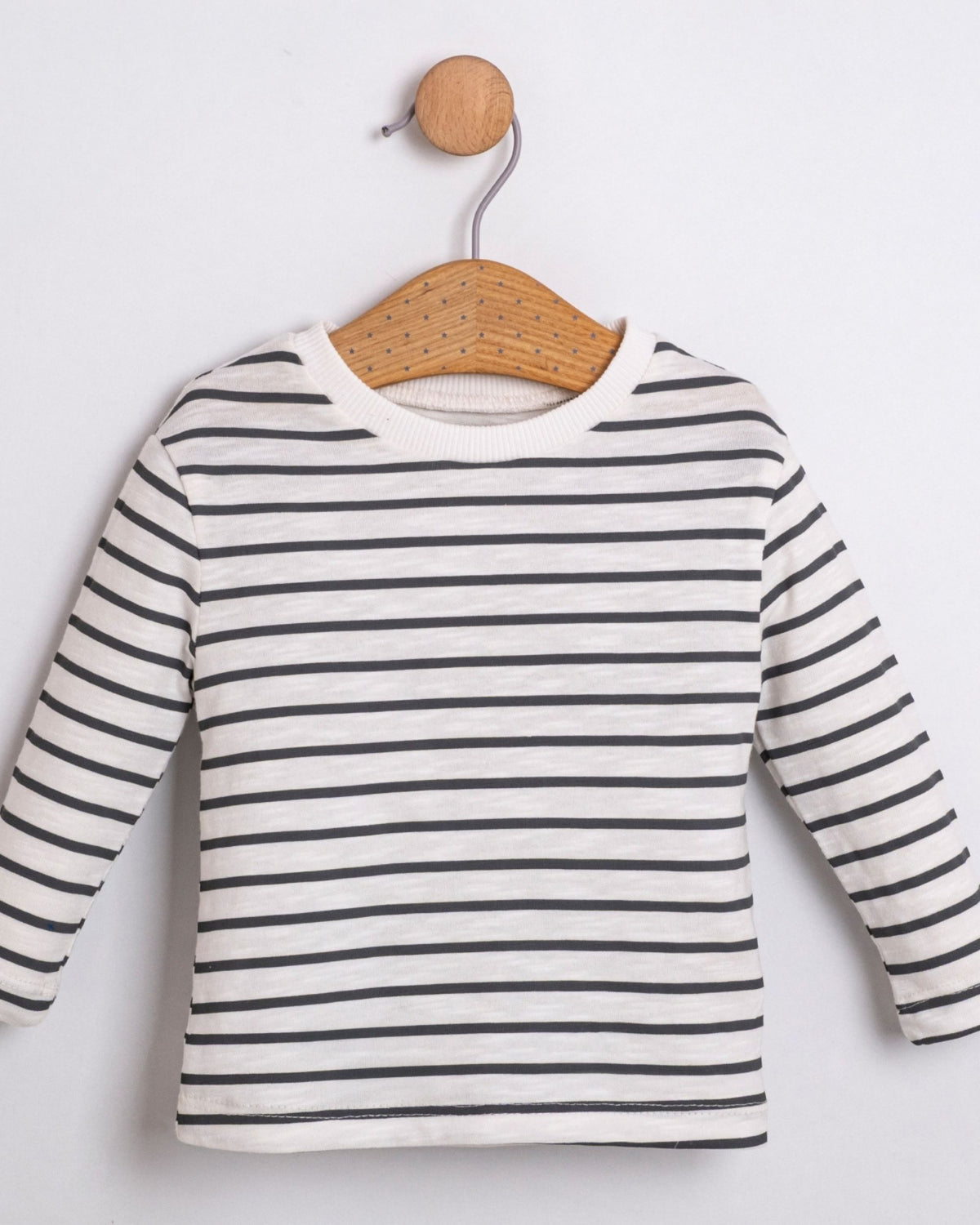 Ivory and navy striped long-sleeve cotton baby top