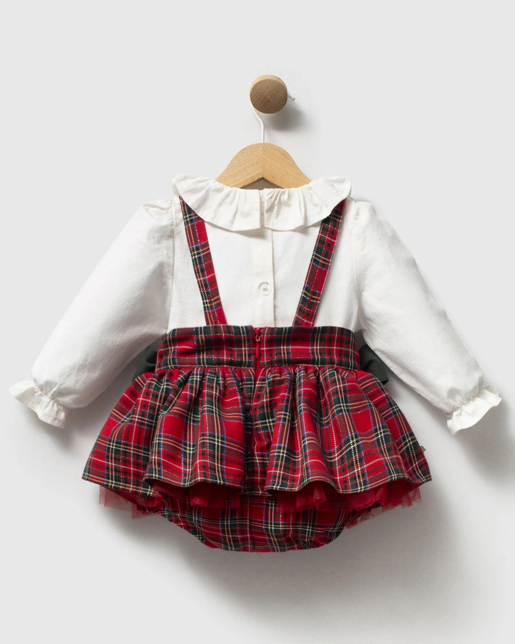 Back view of red tartan baby pinafore romper and ivory ruffle-collar blouse