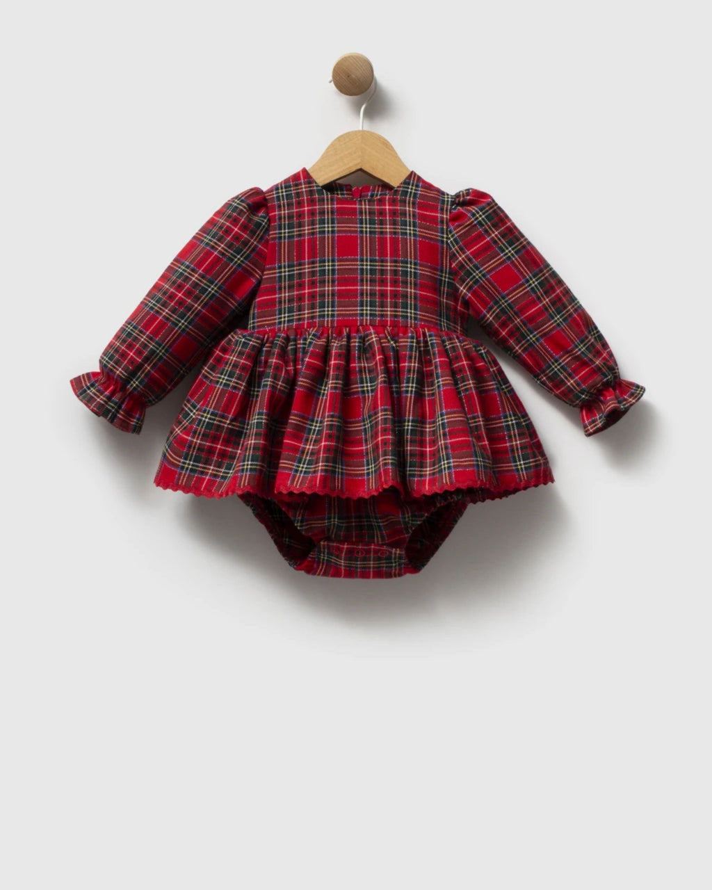 Red tartan baby romper dress with frilled cuffs, shown without the tulle cape